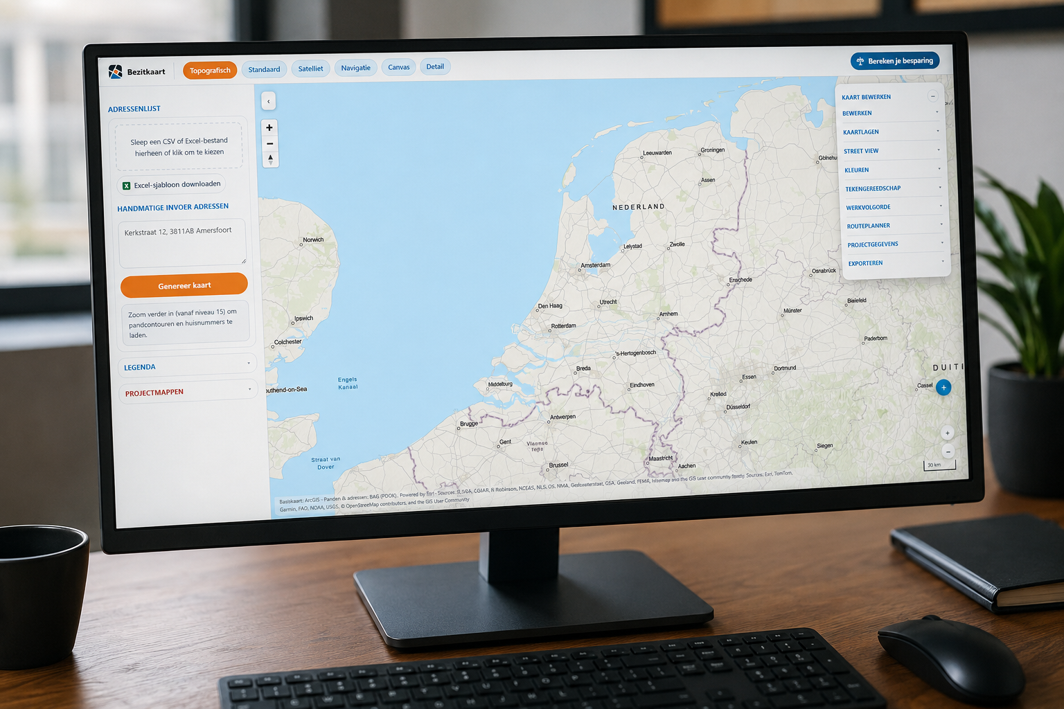 BezitKaart projectkaart met kleurgecodeerde panden en routes