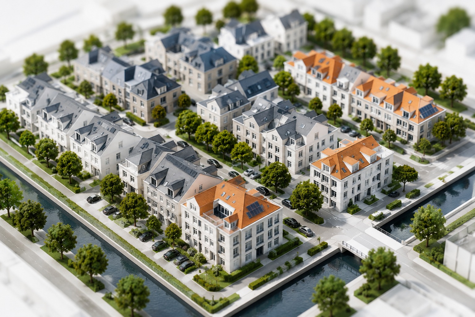 Luchtfoto-illustratie van een moderne Nederlandse woonwijk beheerd met BezitKaart